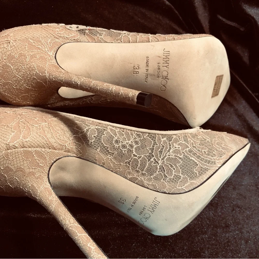 Jimmy Choo Women's Taupe Lace Pointed-Toe Pumps - Picture 9 of 14